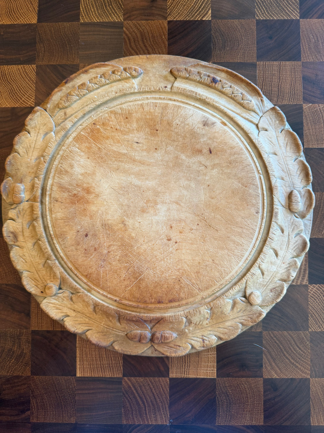 Antique English Wooden Bread Board with Wheat and Acorns