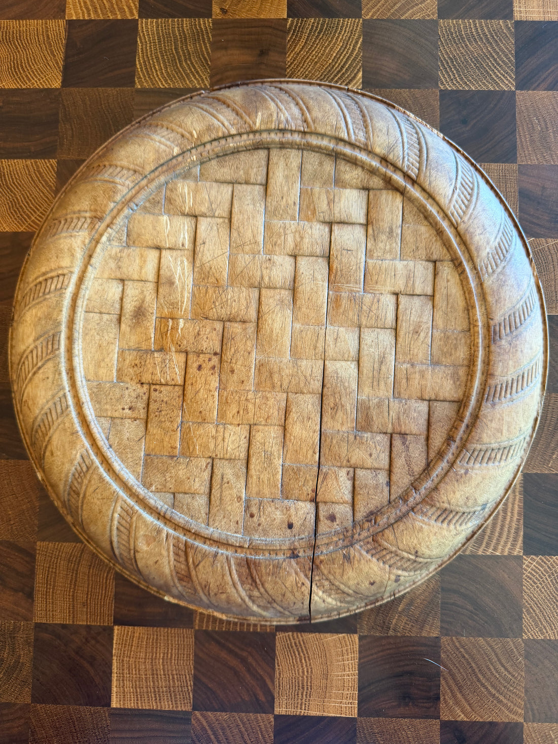 Antique English Wooden Bread Board with Lattice/ Woven Pie Crust design