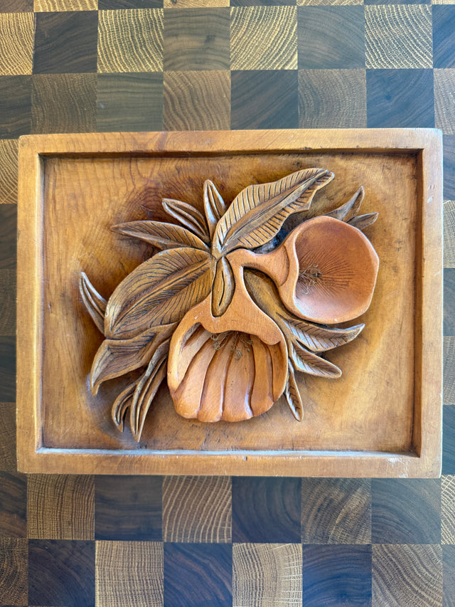 Vintage Hand Carved Floral Wood Relief Wall Hanging 8x10