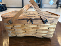 Antique Splint Oak double handled Pie Basket w Lid